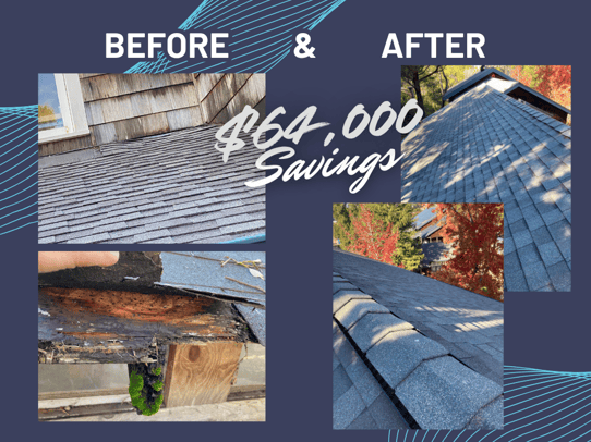 Before and after photo of summer roof replacement at Oakland Hills independent school