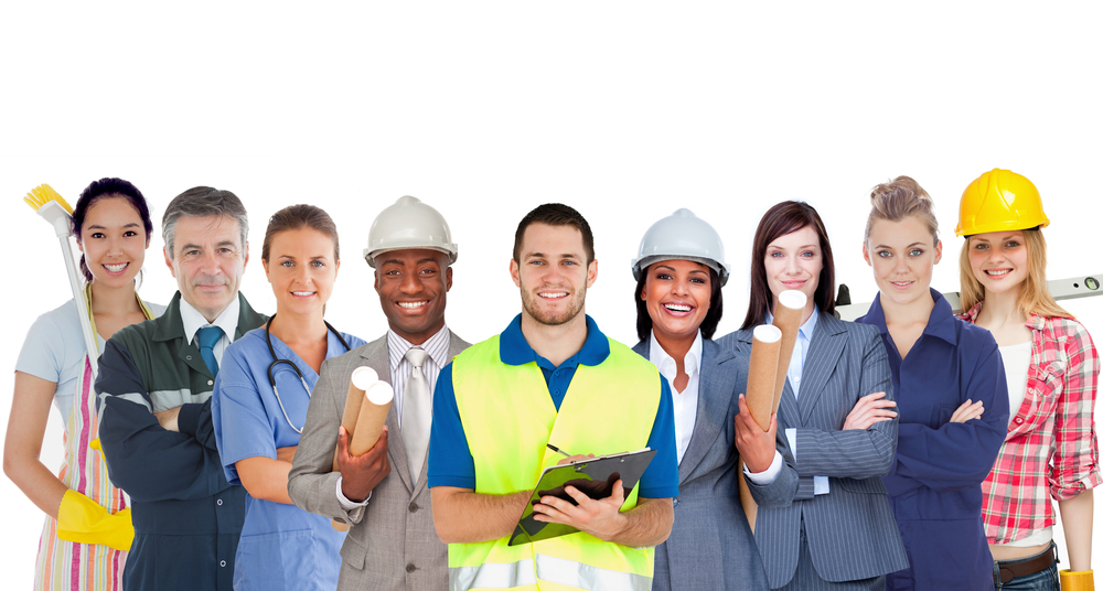 Group of smiling people with different jobs standing in line on white background